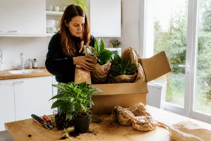 Unboxing de plantes vertes reçues par colis sur une table en bois lors d'un avis achat jardinage en ligne.