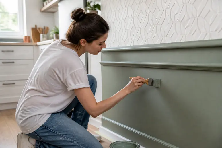 Application de peinture satinée sur un soubassement de cuisine par une jeune femme pour une finition lessivable et durable.