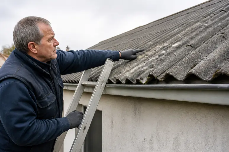 Propriétaire français examine attentivement sa toiture en fibrociment amianté avant 1997.