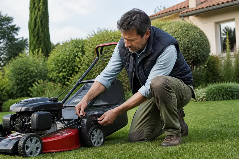 Un homme ajuste le système de coupe 4-en-1 d'une tondeuse Staub dans son jardin, avis tondeuse Staub.