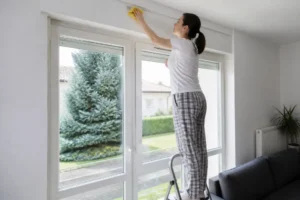 Nettoyage d'une grille d'aération fenêtre pvc située sur le haut d'un châssis blanc