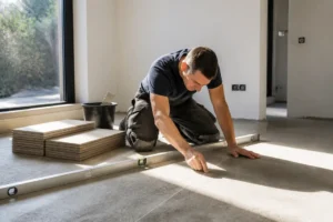 artisan préparant le sol pour réussir calepinage carrelage dans une pièce lumineuse