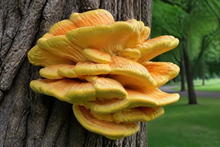 Polypore soufré en console sur le tronc d'un arbre feuillu sénescent