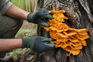 Un jardinier examine de près un champignon orange sur bois mort dans un jardin.