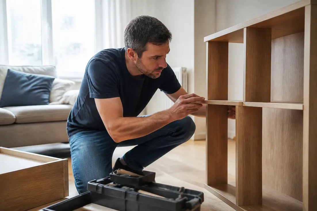 Propriétaire inspectant un meuble avec avis plateforme fiabilité garanties pour son projet maison