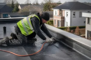 artisan appliquant une membrane EPDM lors de travaux avec un prix étanchéité toiture adapté