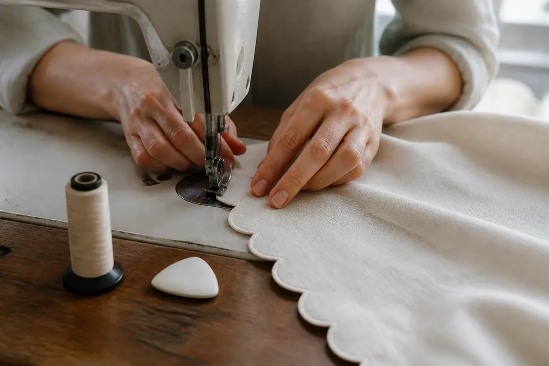 Mains guidant un tissu sur une machine pour la technique du festonnage technique couture dans un atelier lumineux