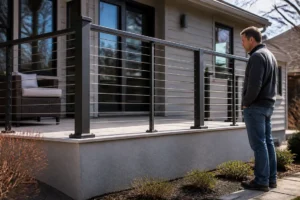 Installation d'un garde-corps PVC imitation bois sur une terrasse moderne