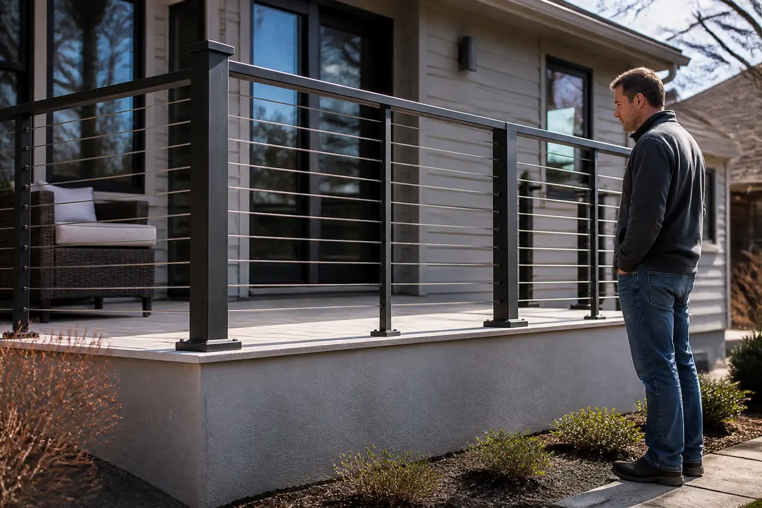 Installation d'un garde-corps PVC imitation bois sur une terrasse moderne