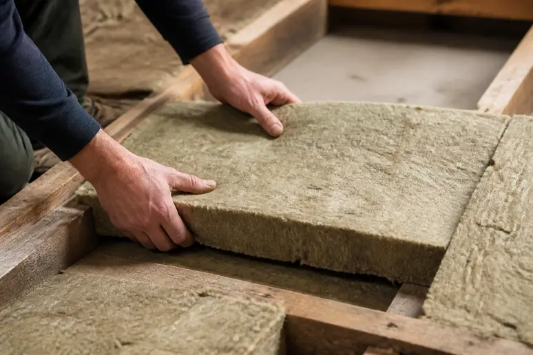 Pose de laine de roche entre les solives pour isoler phoniquement plancher bois