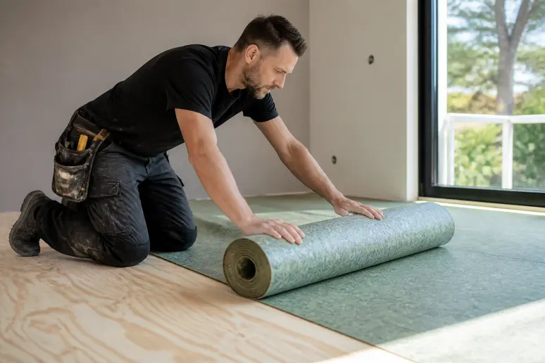 Déroulement d'une sous-couche acoustique résiliente pour isoler phoniquement plancher bois