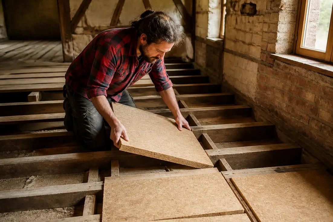 Un artisan pose des panneaux isolants entre les solives pour isoler phoniquement plancher bois dans une maison.