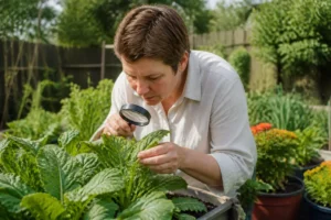 Jardinier examinant des plantes avec une loupe pour assurer la fiabilité conseils jardinage en ligne au jardin.