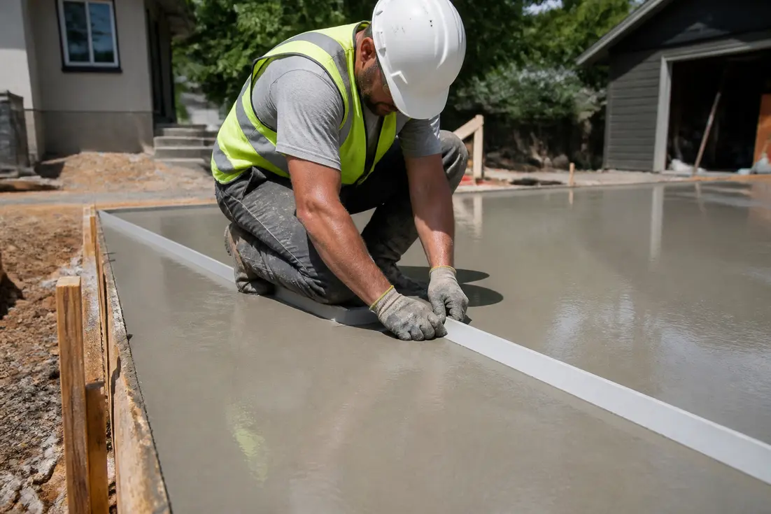 Un artisan pose un joint de dilatation dalle béton sur un chantier en extérieur.