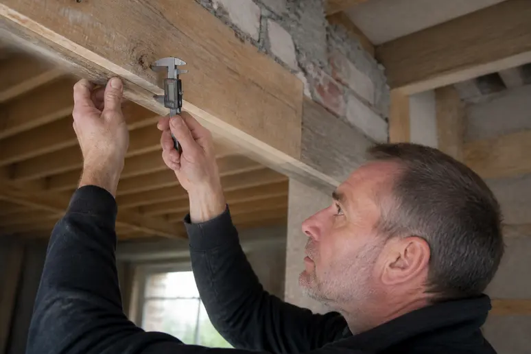Mesure de la flèche sur un linteau en bois en cours de chantier de rénovation