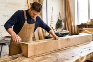Un charpentier mesure une poutre en bois pour le dimensionnement linteau en bois dans son atelier.