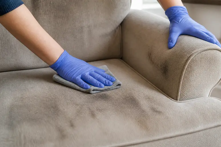 Nettoyage uniforme d'un fauteuil en tissu très sale avec une microfibre humide.