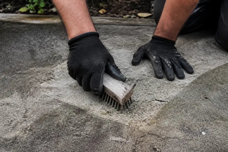 Brossage méthodique d'une dalle extérieure pour préparer la pose de peinture sur du béton extérieur