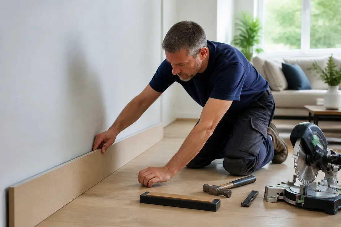 artisan posant une plinthe MDF choix pose peinture avec respect de l'écart DTU dans un salon