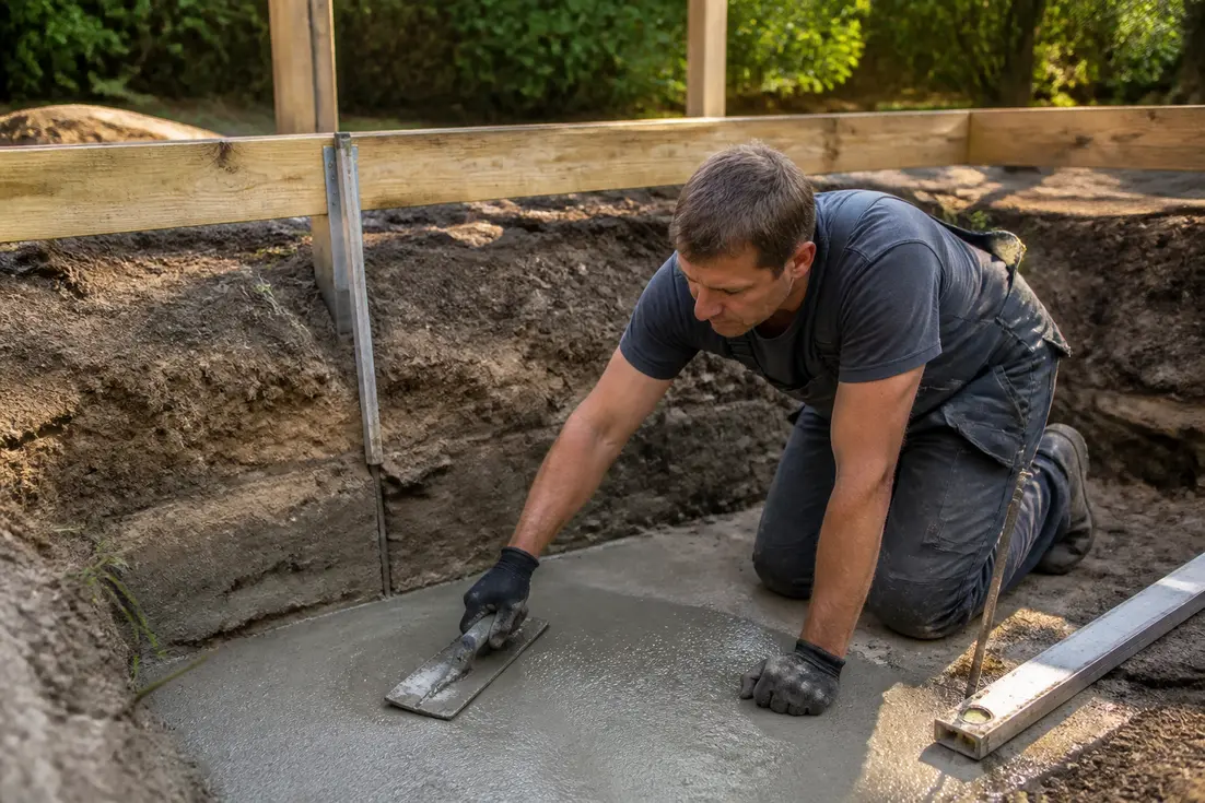 artisan préparant les fondations pour la pose plot béton terrasse bois dans un jardin