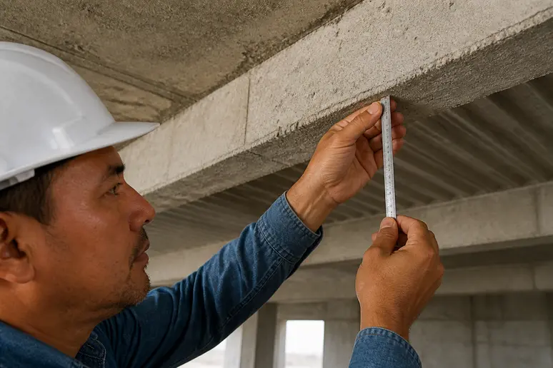 Ouvrier mesurant l'épaisseur d'un plancher hourdis sur un chantier de construction.