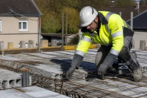Ouvrier inspectant l'installation d'un plancher hourdis sur un chantier de construction pour savoir comment choisir section poutre hourdis.