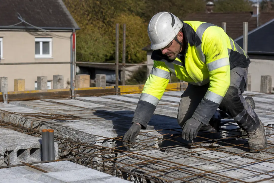 Ouvrier inspectant l'installation d'un plancher hourdis sur un chantier de construction pour savoir comment choisir section poutre hourdis.