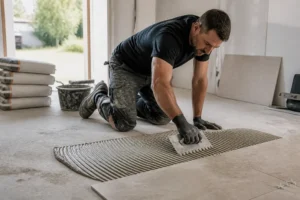 Artisan posant du carrelage au sol lors d'un chantier, illustrant le prix pose carrelage m2.