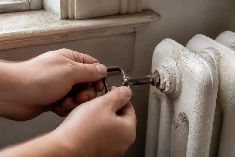Utilisation d'une clé carrée pour purger radiateur fonte et évacuer l'air accumulé