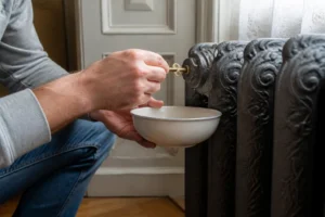 Un propriétaire en train de purger radiateur fonte avec une clé de purge dans un appartement ancien.