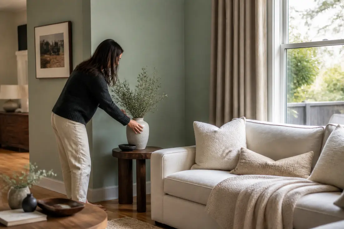 Découvrez quelle couleur avec le vert d'eau associer pour réchauffer un salon lumineux sans utiliser de blanc pur.