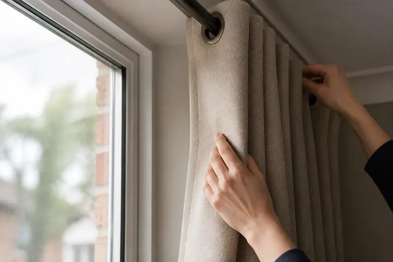 Mains ajustant un rideau thermique anti froid pour laisser un espace d'air devant la vitre