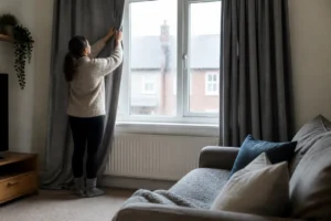 Un rideau thermique anti froid installé devant une fenêtre avec de la condensation sur la vitre