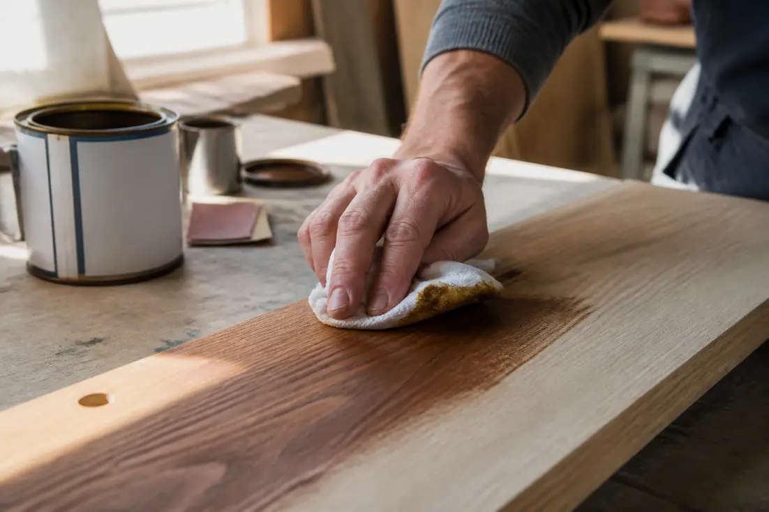 Artisan appliquant soigneusement de la teinture sur une planche de bois dans son atelier pour teindre du bois proprement
