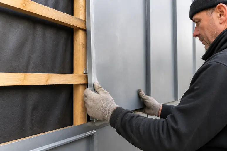 Mise en place d'un bardage zinc sur une ossature avec lame d'air ventilée.