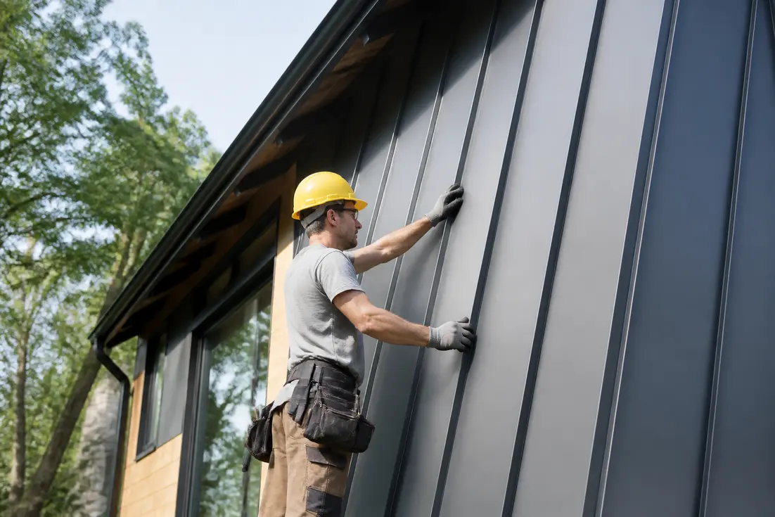 Ouvrier installant un bardage en zinc avec des panneaux à joint debout sur une maison