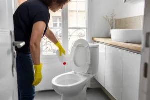 Utilisation prudente de l'acide chlorhydrique WC avec des gants de protection dans une salle de bains