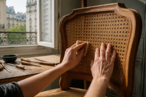 artisan réparant une chaise avec du cannage ce qu'il faut savoir dans un atelier lumineux