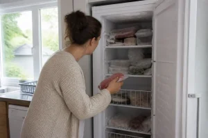 Porte de congélateur mal fermée et vérification des aliments dans la cuisine