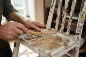 Application d'une solution naturelle pour décaper peinture bois sur une chaise ancienne dans un atelier lumineux