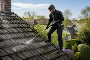 Un artisan nettoie une tuile lors d'un démoussage toiture au printemps avec un pulvérisateur.