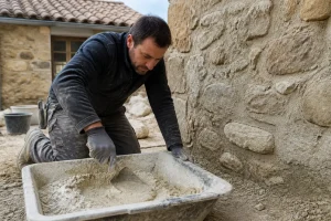 artisan préparant son mortier pour un chantier avec un bon dosage chaux sable mur pierre