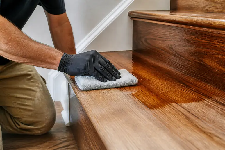 Application d'un rénovateur sur une marche en bois avec un balai microfibre