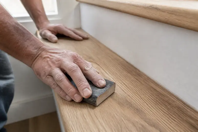Égrenage manuel d'une marche d'escalier en bois avec un papier abrasif fin