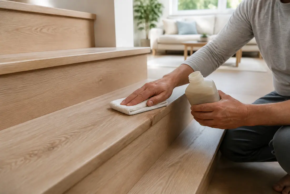 Personne appliquant un rénovateur pour raviver escalier vitrifié en bois clair sans ponçage