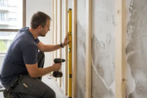 artisan installant des tasseaux en bois pour l habillage mur intérieur humide d une pièce