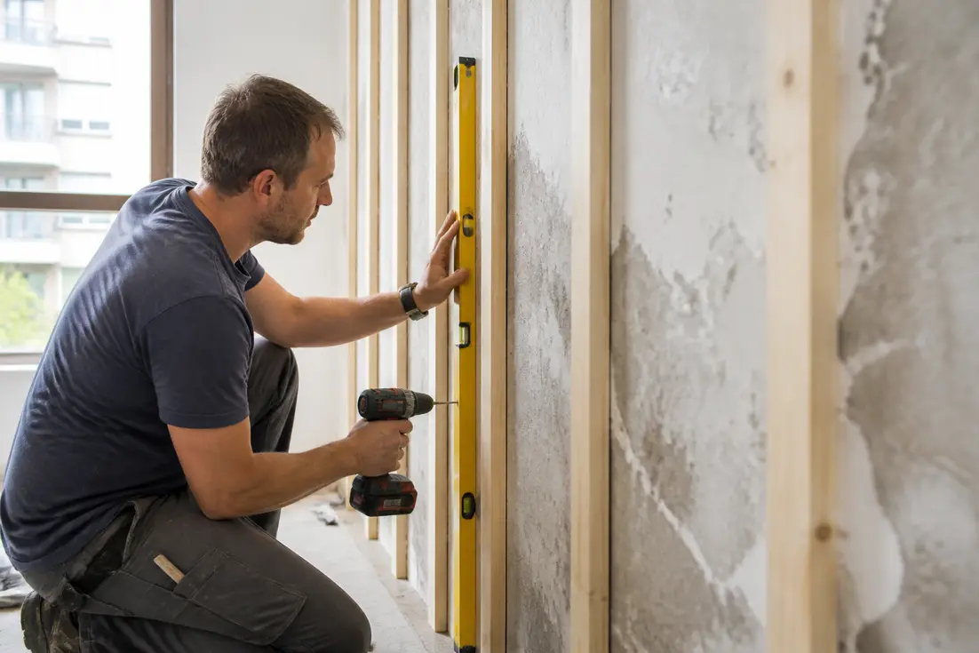 artisan installant des tasseaux en bois pour l habillage mur intérieur humide d une pièce