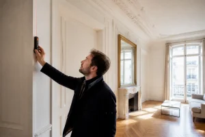 Un professionnel mesure soigneusement la hauteur sous plafond d'un appartement lumineux lors d'un diagnostic immobilier
