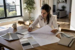 Un couple conçoit son projet de maison sur kazaplan avec des plans et des échantillons de décoration.