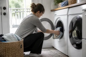 Une personne habillée de façon ordinaire charge son linge dans une machine pour identifier quelle est la marque de lave linge a eviter.